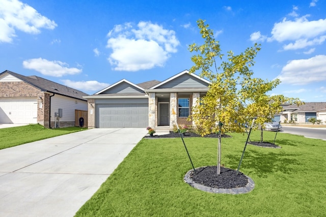 ranch-style home with a garage and a front lawn