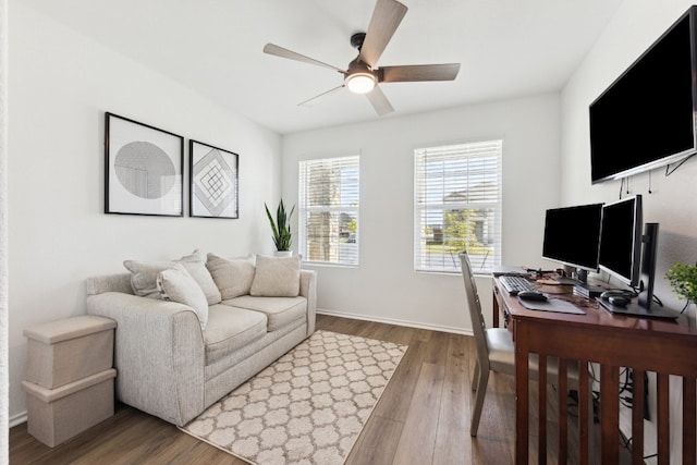 office space featuring hardwood / wood-style flooring and ceiling fan