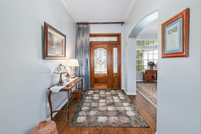 entryway featuring ornamental molding and dark hardwood / wood-style flooring