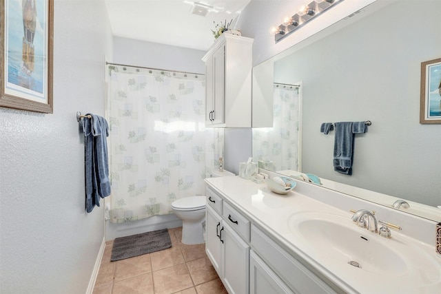 full bathroom with vanity, toilet, tile patterned floors, and shower / bath combination with curtain