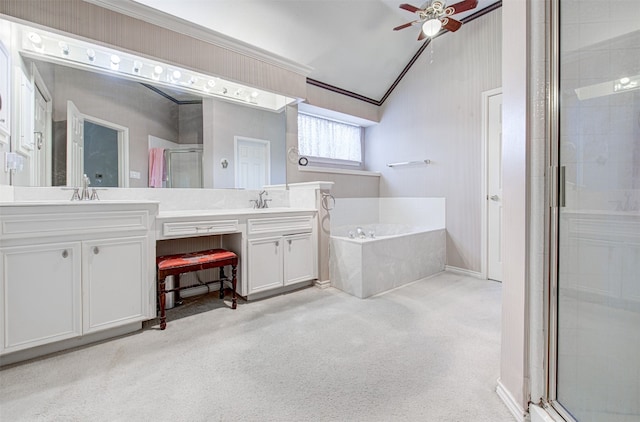 bathroom featuring plus walk in shower, ceiling fan, lofted ceiling, vanity, and crown molding