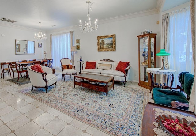 living room featuring crown molding, tile patterned floors, a chandelier, and visible vents