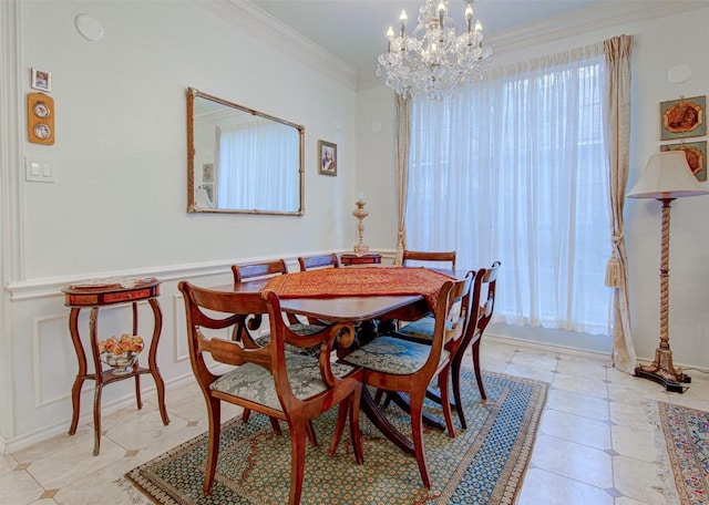 11205 Appletree Ln, Austin, TX 78726 - dining area with a chandelier, ornamental molding, wainscoting, light tile patterned floors, and a decorative wall