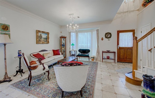 11205 Appletree Ln, Austin, TX 78726 - living room with a chandelier, ornamental molding, stairway, and light tile patterned floors