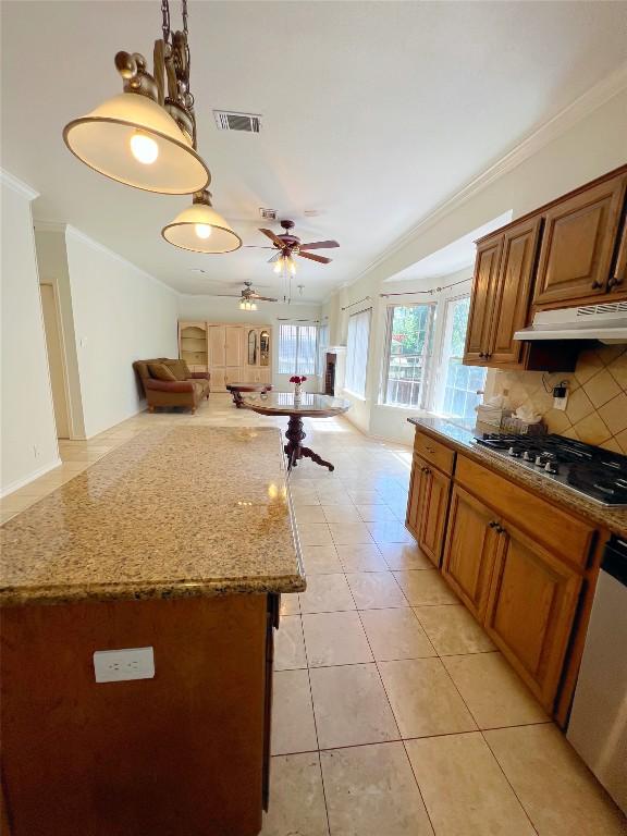 11205 Appletree Ln, Austin, TX 78726 - kitchen with appliances with stainless steel finishes, crown molding, under cabinet range hood, ceiling fan, and brown cabinets