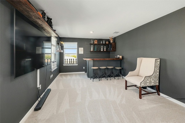 sitting room with light colored carpet and indoor bar