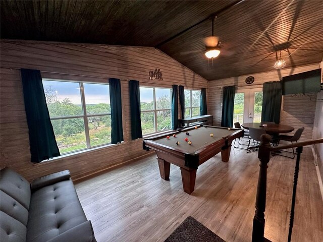 rec room with wood ceiling, vaulted ceiling, billiards, light hardwood / wood-style floors, and wood walls