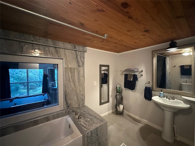 bathroom featuring sink, a tub, toilet, wooden ceiling, and crown molding