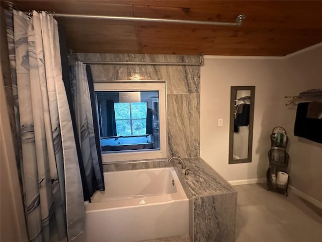 bathroom featuring wooden ceiling and separate shower and tub