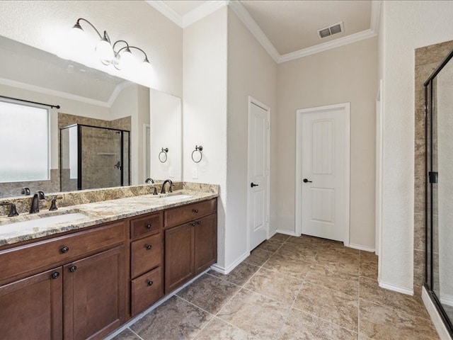 bathroom with vanity, ornamental molding, and walk in shower