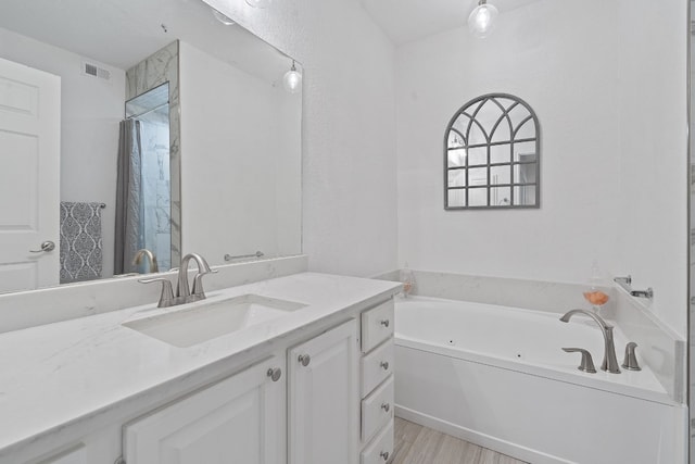 bathroom featuring vanity and plus walk in shower