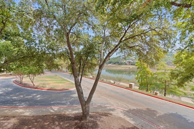 view of road with a water view