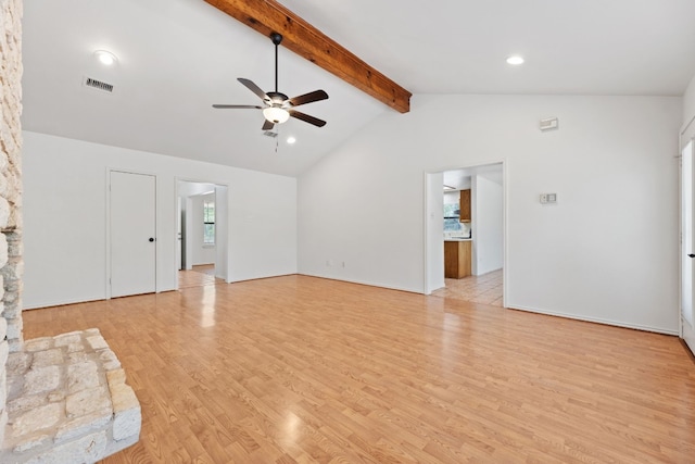 unfurnished living room with light hardwood / wood-style floors, beamed ceiling, high vaulted ceiling, and ceiling fan