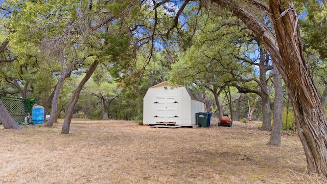 view of yard featuring a storage shed