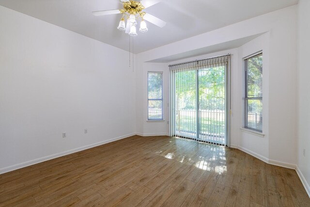 spare room with ceiling fan, wood-type flooring, and a wealth of natural light