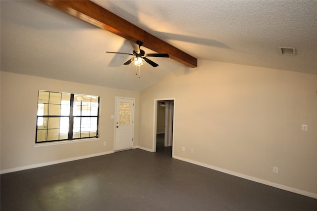 empty room with lofted ceiling with beams, a textured ceiling, finished concrete flooring, baseboards, and ceiling fan