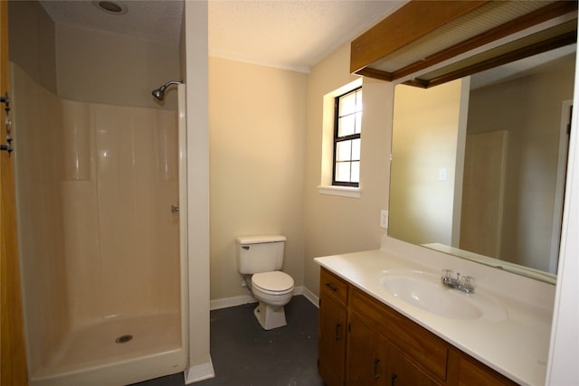 full bath featuring baseboards, vanity, toilet, and a shower stall