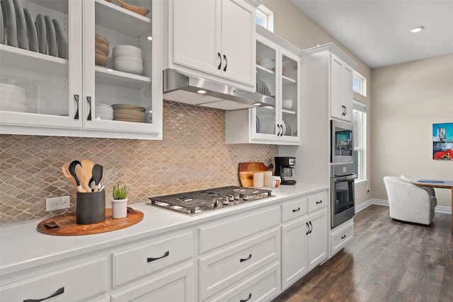 kitchen with appliances with stainless steel finishes, decorative backsplash, white cabinetry, and dark hardwood / wood-style flooring