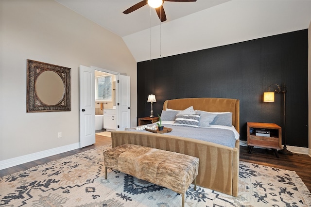 bedroom with connected bathroom, ceiling fan, high vaulted ceiling, and wood-type flooring