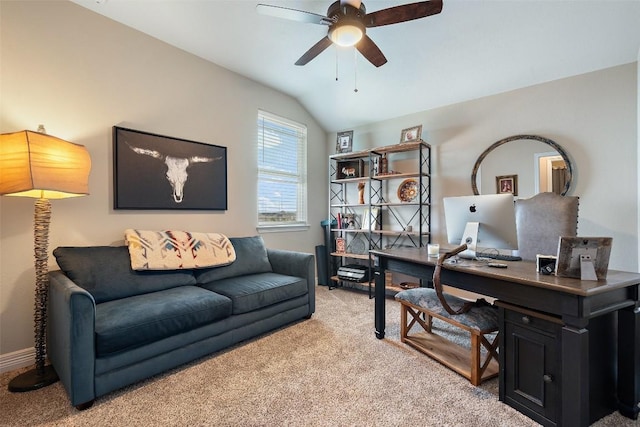 925 Overstreet Ln, Leander, TX 78641 - home office with light colored carpet, ceiling fan, vaulted ceiling, and baseboards