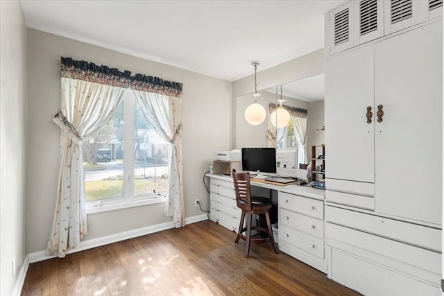 office space featuring built in desk and dark hardwood / wood-style floors