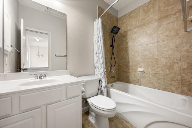 full bathroom featuring vanity, shower / tub combo, a chandelier, and toilet