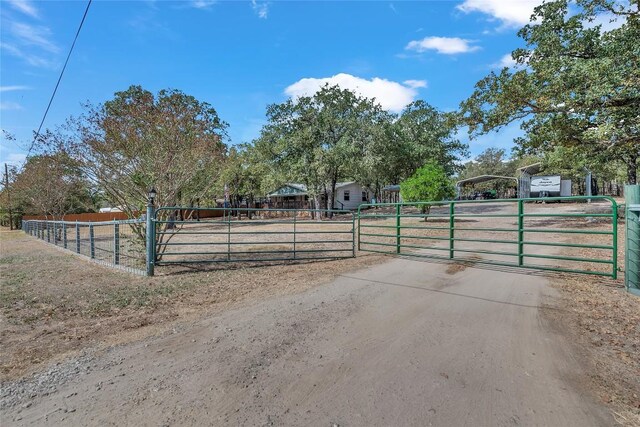 view of road with a gate, dirt driveway, and a gated entry