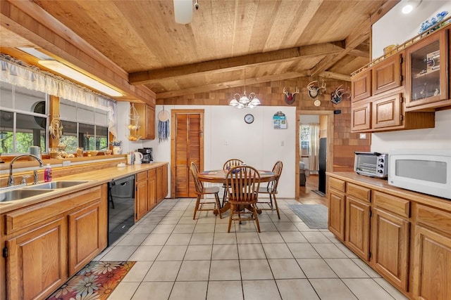 kitchen featuring a sink, wooden ceiling, white microwave, vaulted ceiling with beams, and black dishwasher