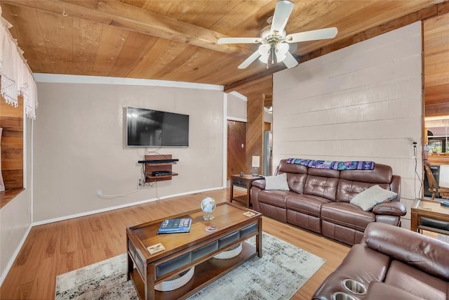 living room featuring ceiling fan, wood walls, wood finished floors, wooden ceiling, and baseboards