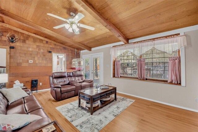 living area featuring wooden walls, a ceiling fan, wooden ceiling, vaulted ceiling with beams, and wood finished floors