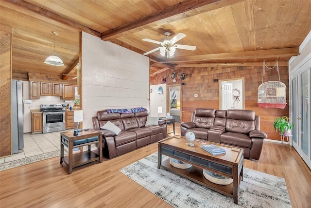 living room with wooden walls, wooden ceiling, vaulted ceiling with beams, and a ceiling fan