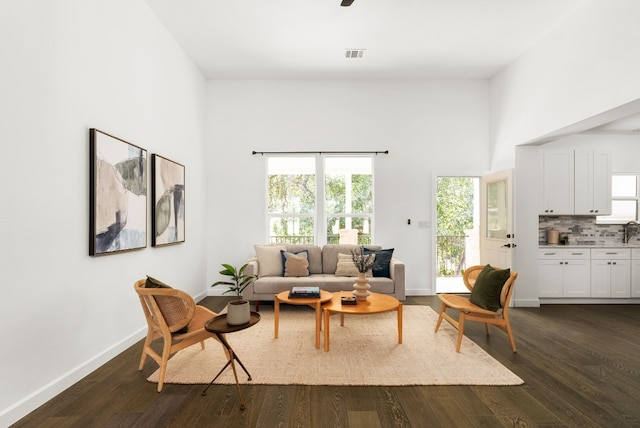 living room with dark hardwood / wood-style flooring and a high ceiling