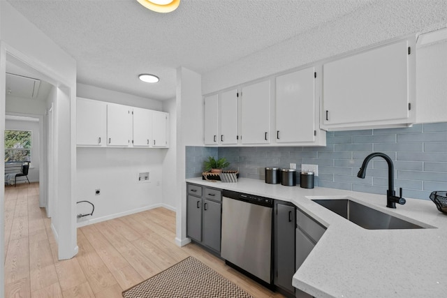 kitchen with light wood-type flooring, sink, stainless steel dishwasher, and white cabinets