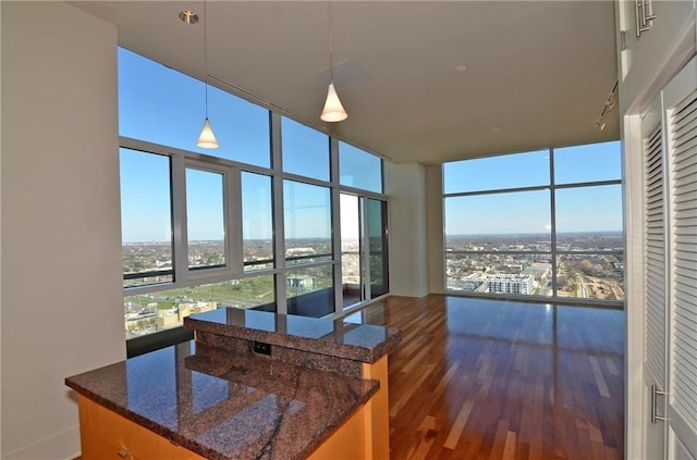 kitchen with decorative light fixtures, dark stone countertops, a wall of windows, and dark wood-type flooring