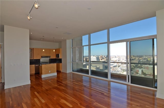 unfurnished living room featuring dark hardwood / wood-style flooring and floor to ceiling windows