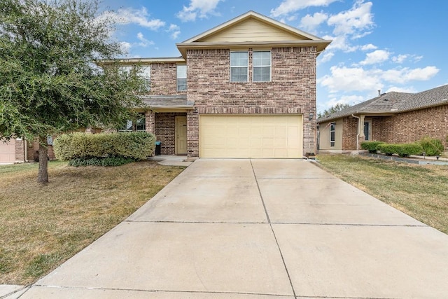 view of front property featuring a garage and a front lawn