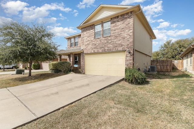 front facade featuring cooling unit, a garage, and a front yard