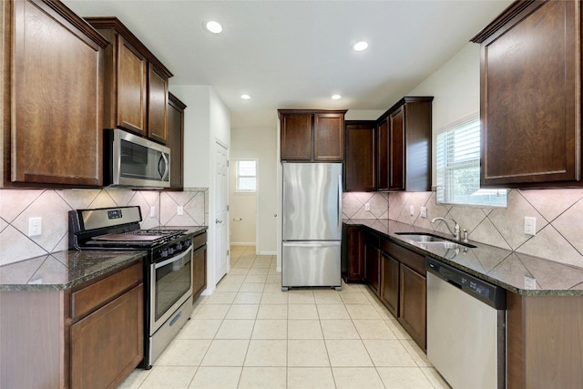 kitchen with decorative backsplash, dark stone countertops, stainless steel appliances, and sink