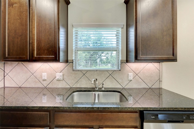 kitchen featuring dark brown cabinetry, tasteful backsplash, stainless steel dishwasher, and sink