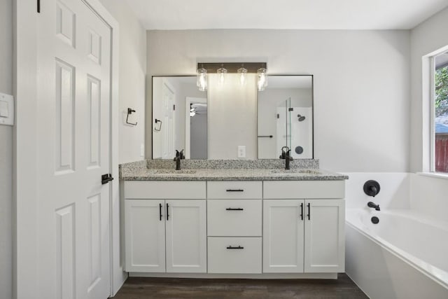 bathroom featuring a stall shower, a garden tub, a sink, and double vanity