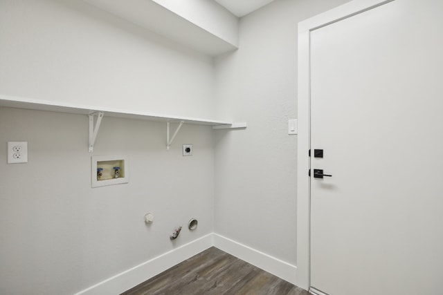 clothes washing area featuring hookup for a gas dryer, hookup for an electric dryer, dark wood-type flooring, and washer hookup