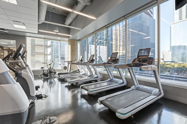 gym featuring a paneled ceiling and a wealth of natural light