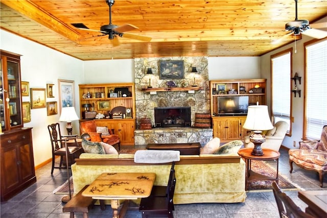 living room featuring a fireplace, wooden ceiling, ceiling fan, and a healthy amount of sunlight