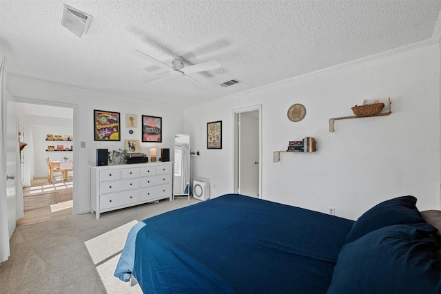 carpeted bedroom featuring crown molding, a textured ceiling, and ceiling fan