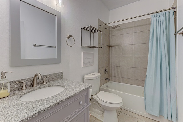 full bathroom featuring vanity, toilet, shower / bathtub combination with curtain, and tile patterned flooring