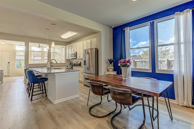 kitchen with hanging light fixtures, appliances with stainless steel finishes, light hardwood / wood-style floors, and white cabinets