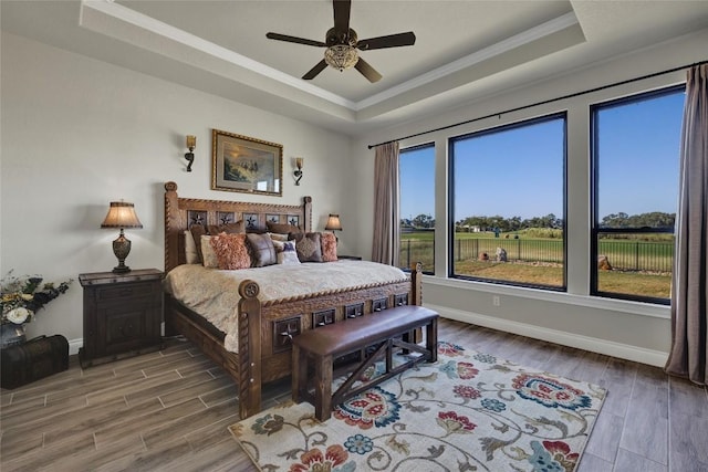 505 John Price St, Blanco, TX 78606 - bedroom featuring a tray ceiling, ornamental molding, wood finished floors, and a ceiling fan