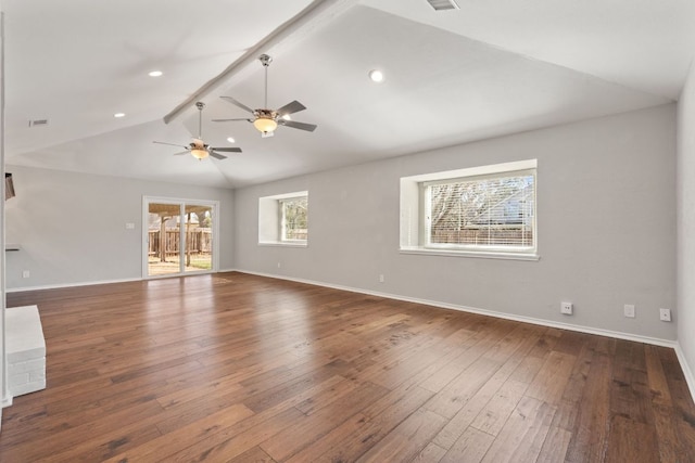 unfurnished living room featuring vaulted ceiling with beams, wood-type flooring, and baseboards