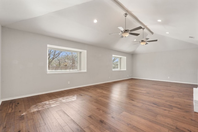 unfurnished room featuring visible vents, baseboards, hardwood / wood-style floors, vaulted ceiling with beams, and recessed lighting