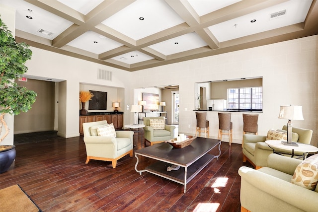 living room featuring beam ceiling, coffered ceiling, and dark hardwood / wood-style floors